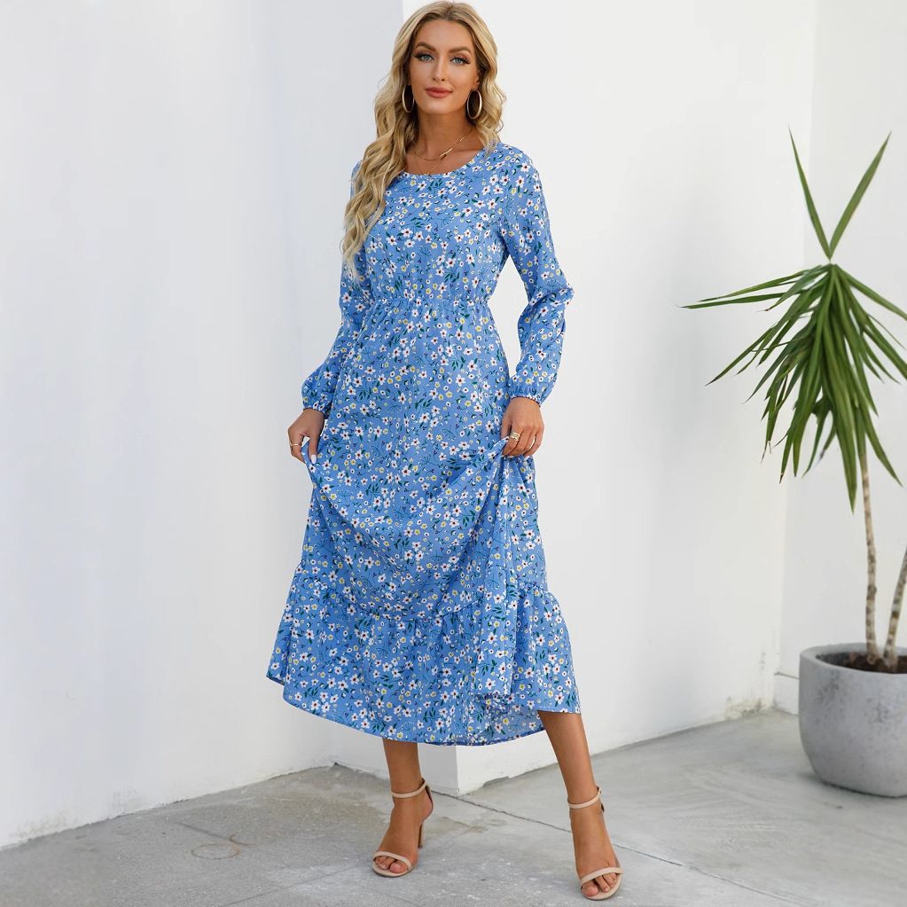 Buy Women's Clothing Online | Buy Trending Dresses for Women Womens Versatile Round-neck Floral Chiffon Dress