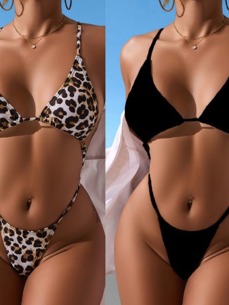 Womens Bikini Leopard-Print Halterneck Backless One-Piece Swimsuit
