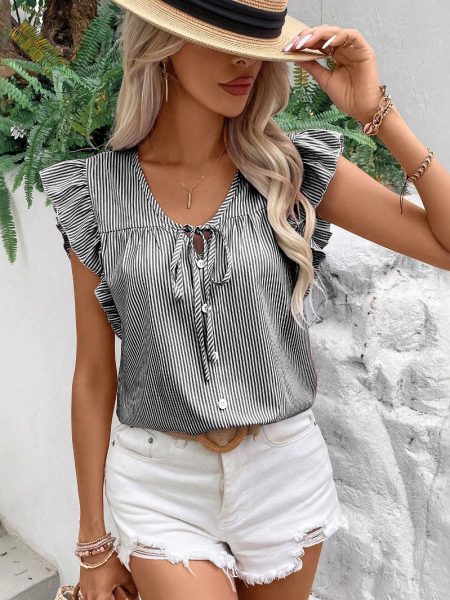 Loose Striped Top With French-Style Strap And Ruffle Sleeves