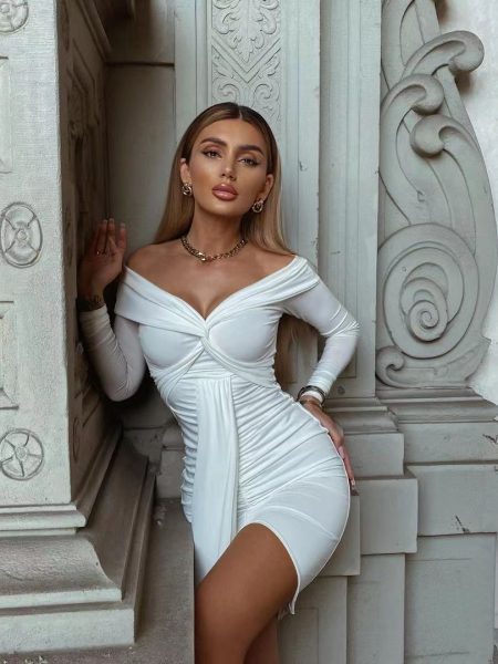 Womens Sexy V-Neck Off-Shoulder Long-Sleeve Pleated Ruffle Dress