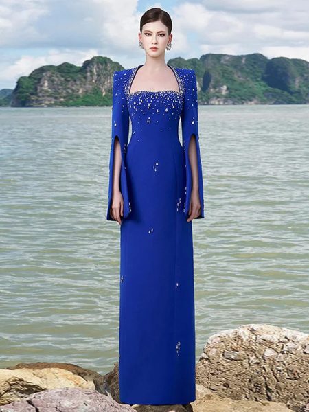 Fashionable Heavily Embellished Beaded Long Dress With A Slit Sleeve And Square Neckline
