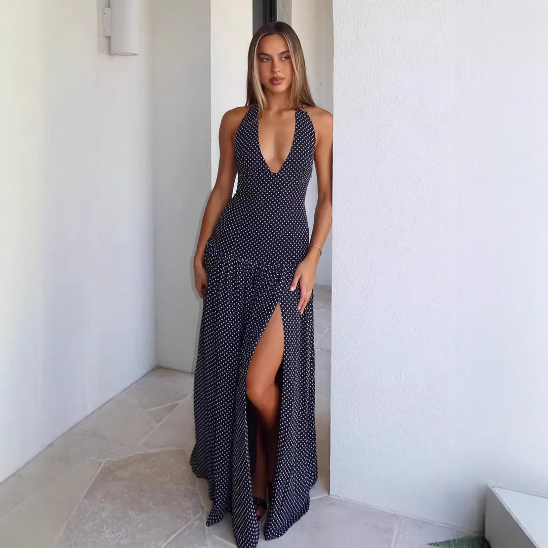 Buy Women's Clothing Online | Buy Trending Dresses for Women Split-waist Polka-dot Backless V-neck Dress
