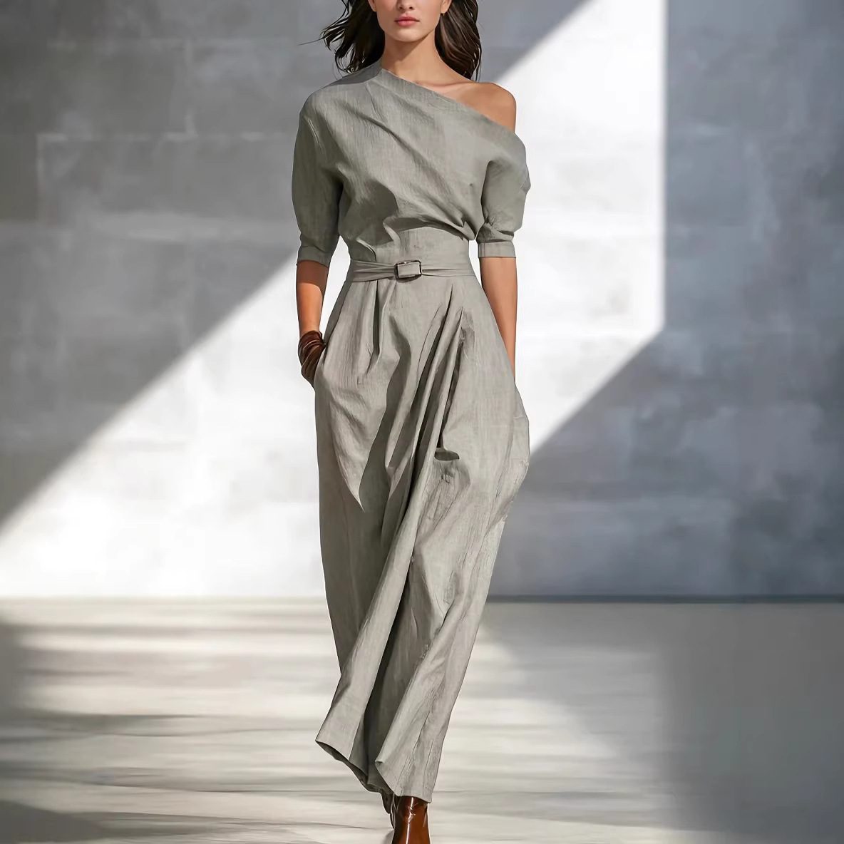 Buy Women's Clothing Online | Buy Trending Dresses for Women Slanted Shoulder Waist Long Dress