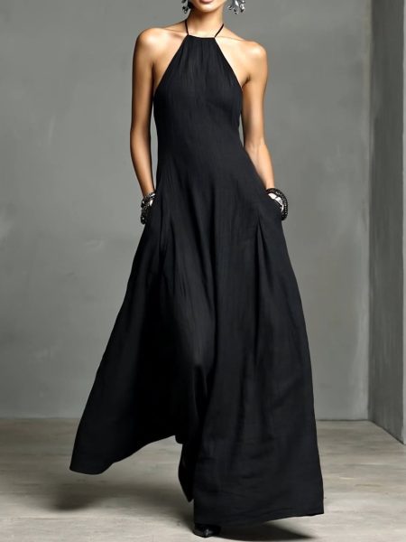 Black Halter Neck Textured Flared Maxi Dress