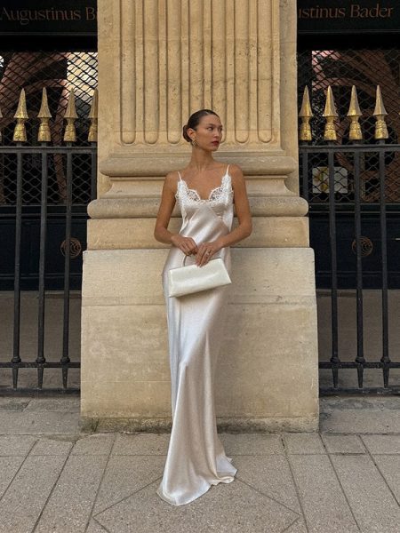 V-neck Lace-panel Long Satin Slip Dress