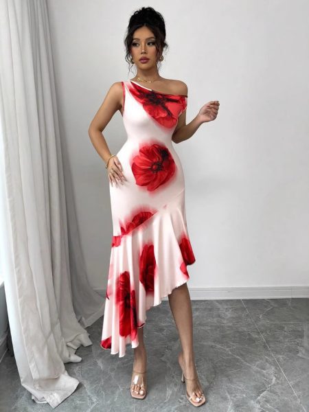 Elegant Asymmetrical Figure-flattering Dress With A Strategically Placed Hibiscus Floral Print