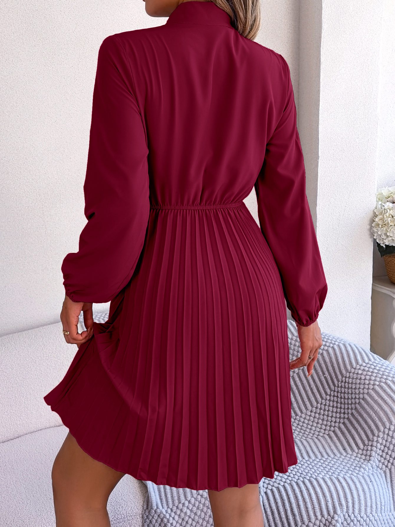 Women's Elegant Tie Waist Long Sleeve Pleated Skirt