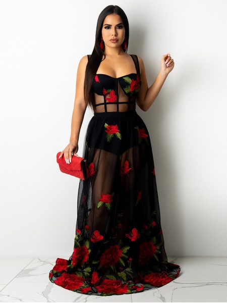 Womens Versatile Sexy Slip Dress With Embroidery And Sheer Details