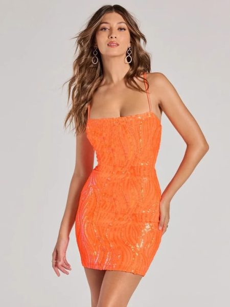 Sexy Sequin-strapped Orange Bodycon Mini Skirt For Women