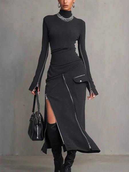 Side-zip Sheath Skirt And Long-sleeve T-shirt Set