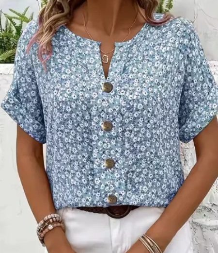 Womens Casual Plant-Print Jacquard Collar Short-Sleeve T-Shirt