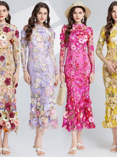 Dress Elegant Embroidered 3D Flower Design, Defined Waistline Long Sleeves