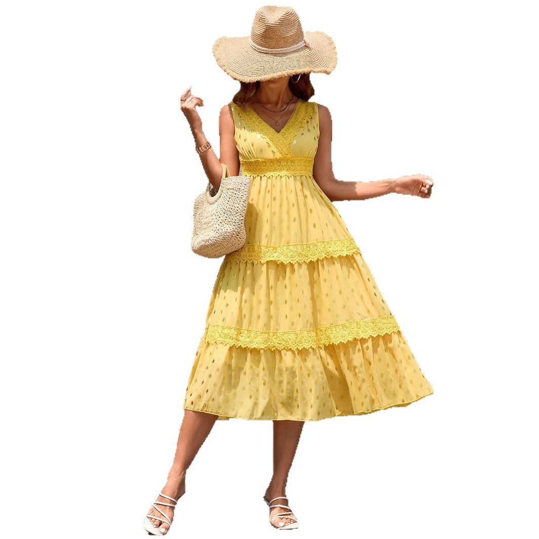 Womens Deep V-Neck Sleeveless Lace Trim Dress