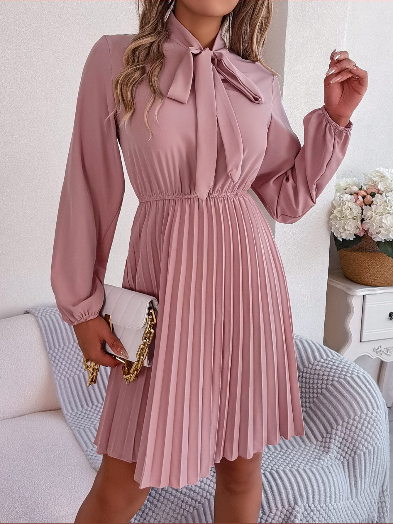 Women's Elegant Tie Waist Long Sleeve Pleated Skirt
