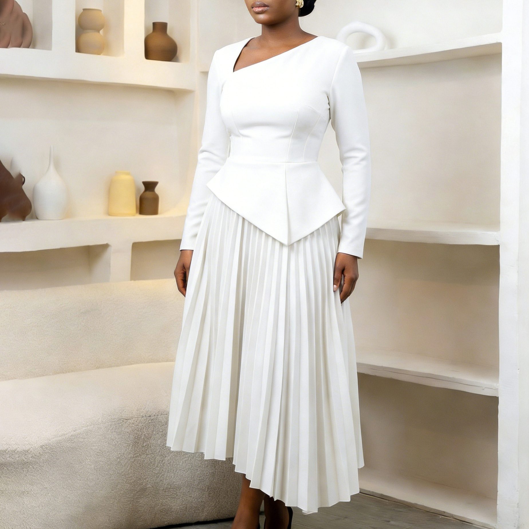 Asymmetrical Neck High Waisted Midi Dress