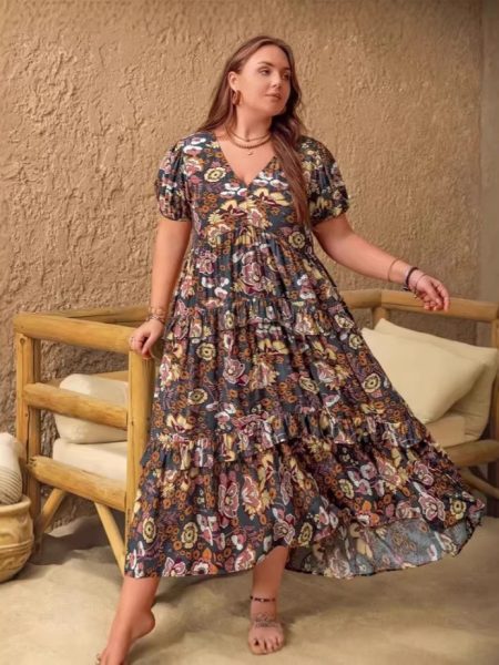 Womens Plus-Size Bohemian V-Neck Printed Short-Sleeve Dress