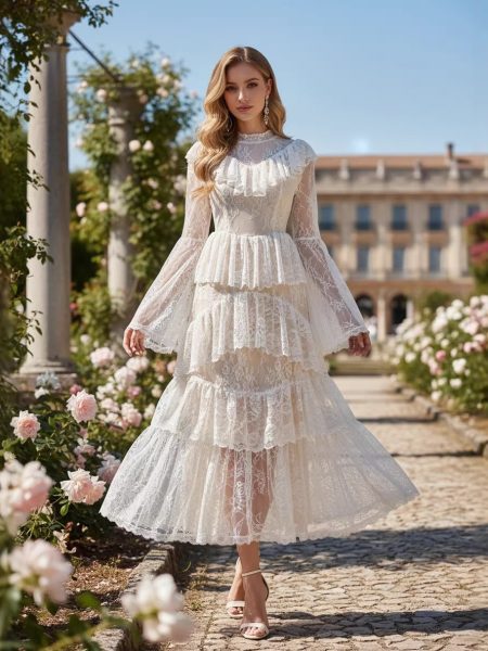 Stand-collar Embroidered Ruffled Maxi Dress