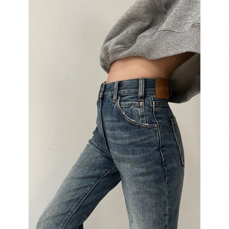 Flared Denim Jeans For Women Straight Loose-fit Pants Retro