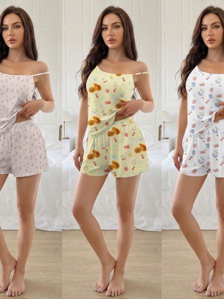 Strap-printed Loose-fitting Short-sleeve Shorts Set
