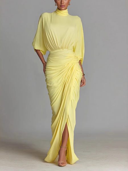 Elegant Yellow Pleated Waist-cinched Dress High-neck Long Dress