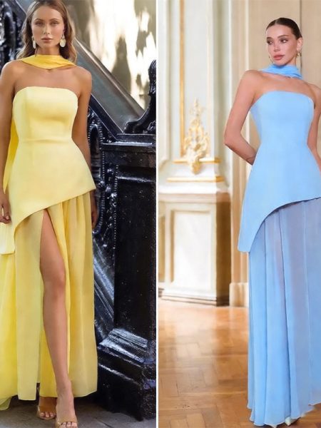 Womens Solid-Color Strapless Dress With Fluttering Ties And A Slit