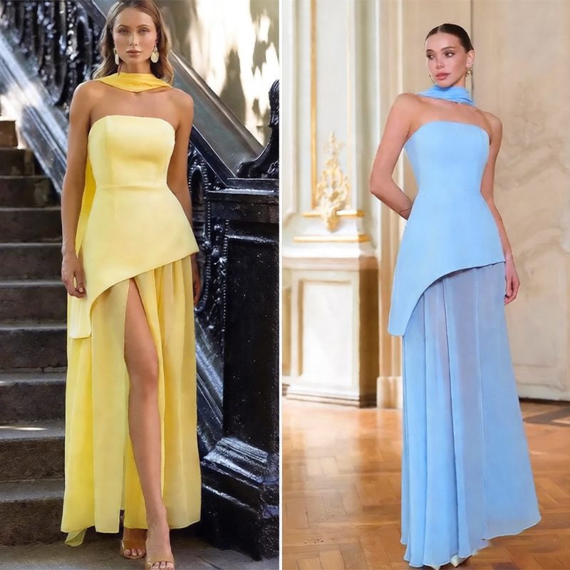 Buy Women's Clothing Online | Buy Trending Dresses for Women Womens Solid-Color Strapless Dress With Fluttering Ties And A Slit