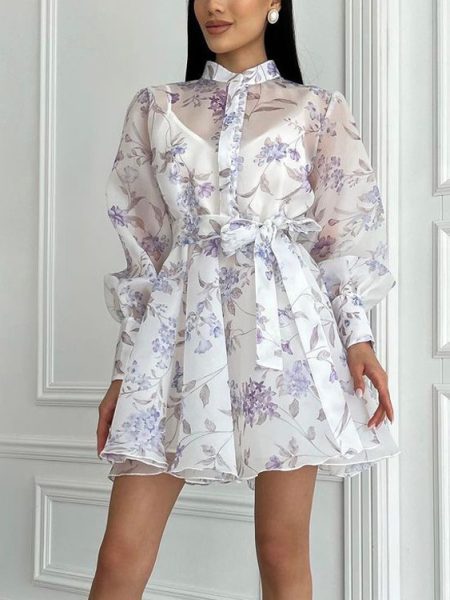Stand-collar Long-sleeve Tie-front Printed Dress