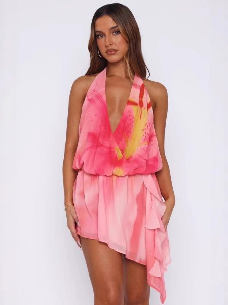 Sexy Halterneck Off-Shoulder Irregular Print Dress