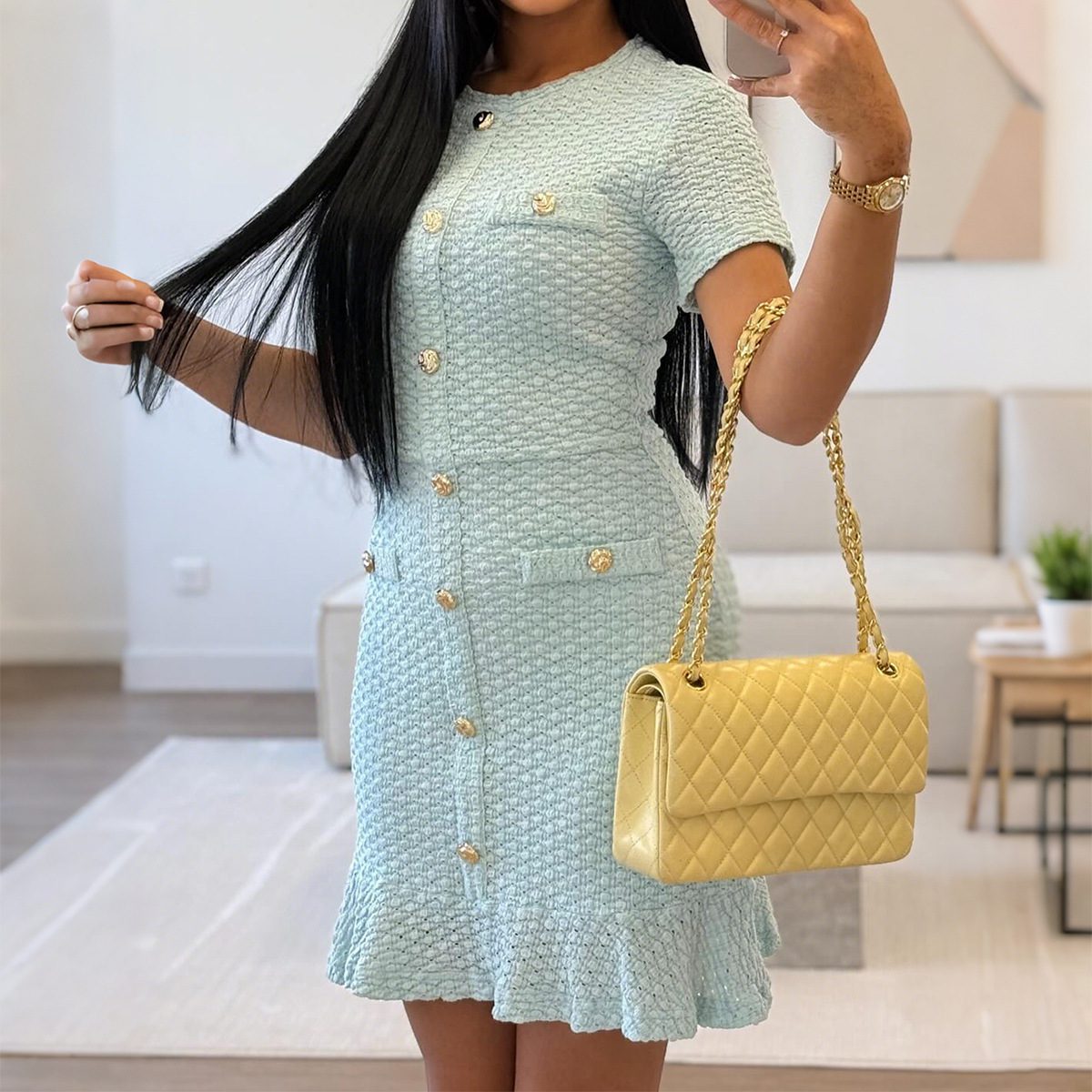 Elegant Button Short Sleeve Dress Women