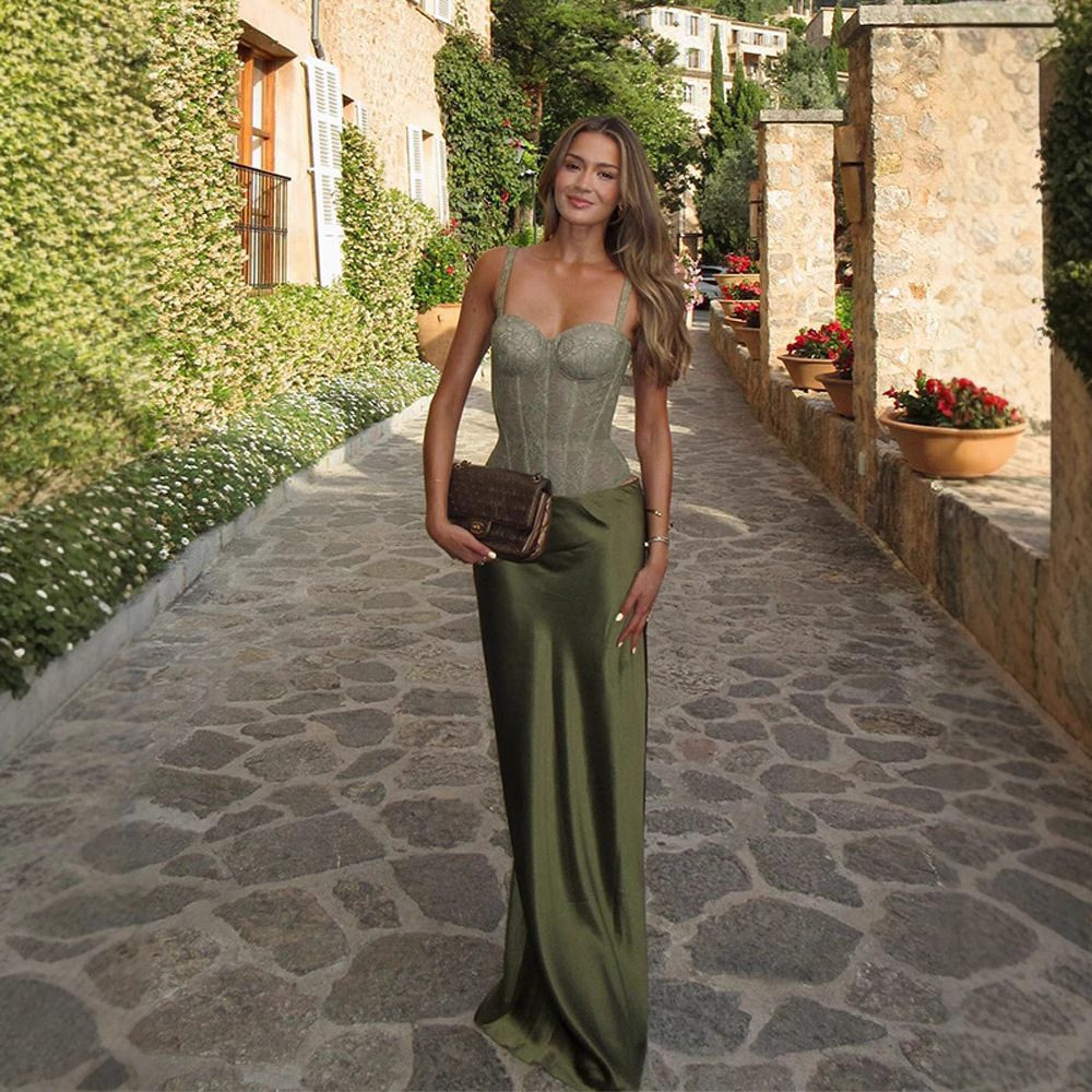 Sexy Lace Sling Corset Satin Mid-length Dress Set