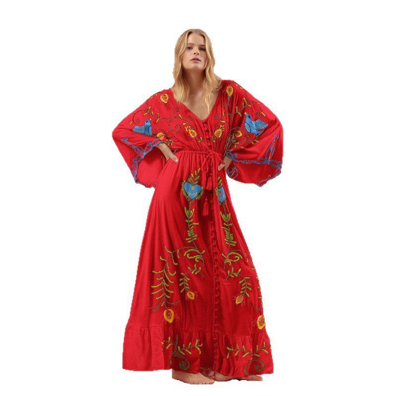 Loose Vacation Bohemian Flowers Embroidery Tassel Dress