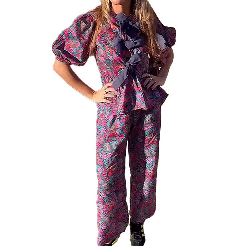 Leisure Floral Tie-neck Long Sleeve Trousers Suit