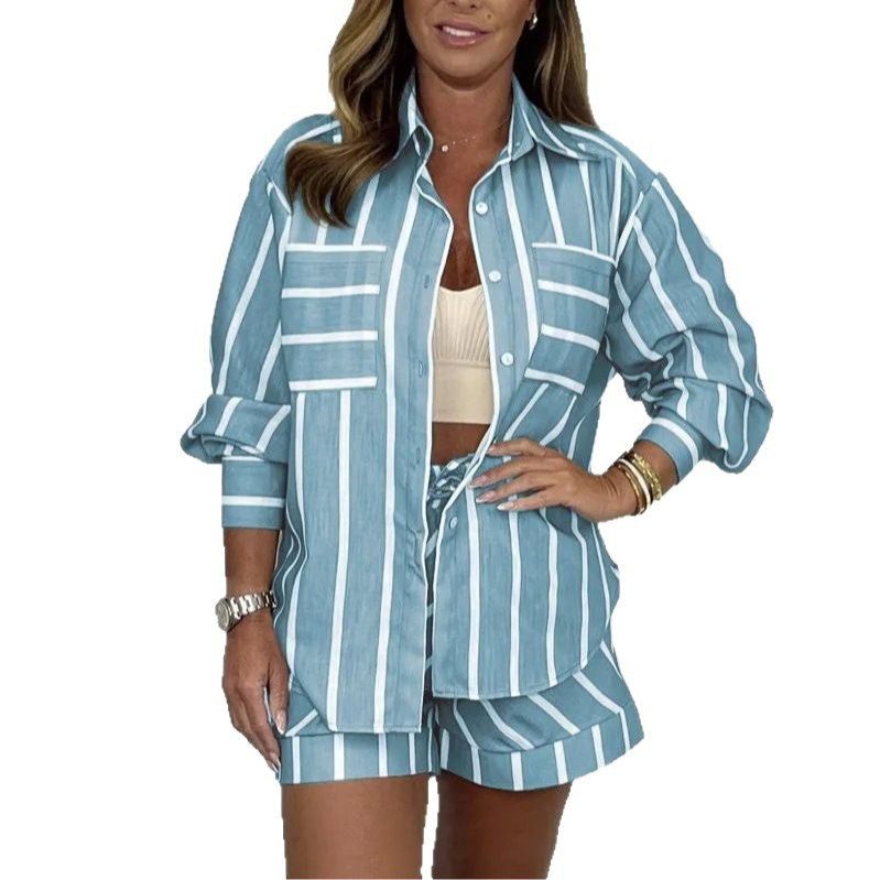 Women's Casual Loose Striped Shorts Shirt Set