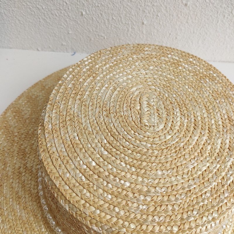 Women's Detachable Pearl Chain Flat Top Straw Hat