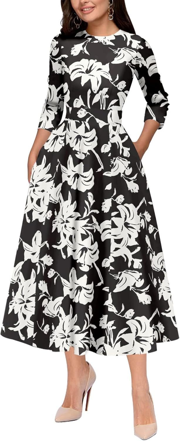 Slim Fit Waist Retro Printed Dress Women With Pockets
