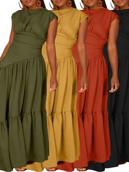 Solid Color Sleeveless Pleated Loose Big Hem Nylon Dress