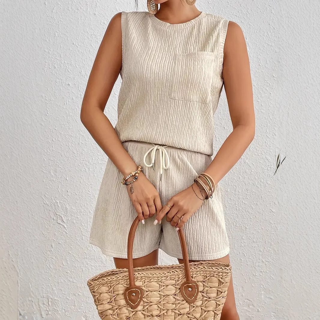 Solid Color Sleeveless Round Neck Vest Shorts Set