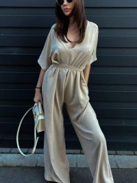 Pure Color Tied Girdle Depth V-neck Casual One-piece Wide-leg Pants