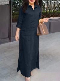 Solid Color Lapel Long Sleeve Simple Dress Women