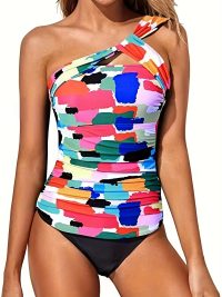 Women's Tankini Set, Random Print, Color-blocked One-shoulder Asymmetrical Two-piece, Vacation Style