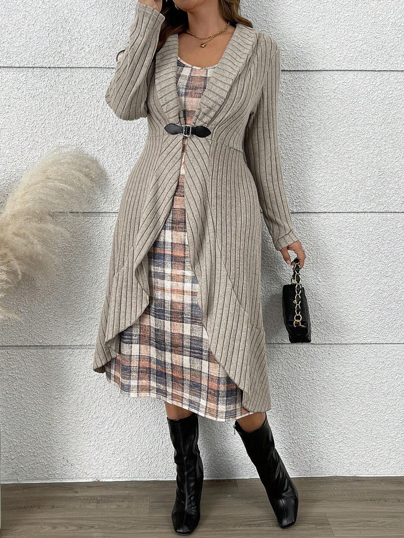 Autumn & Winter Pleated Cardigan Trench Coat with Shawl – Knitted Coat Dress Suit for Women