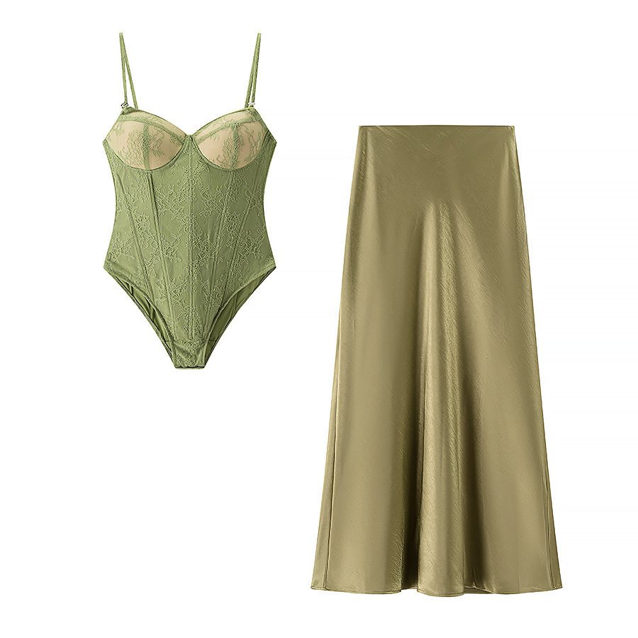 Sexy Lace Sling Corset Satin Mid-length Dress Set