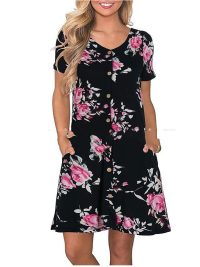 Women's Round Neck Short Sleeve Pocket Dress