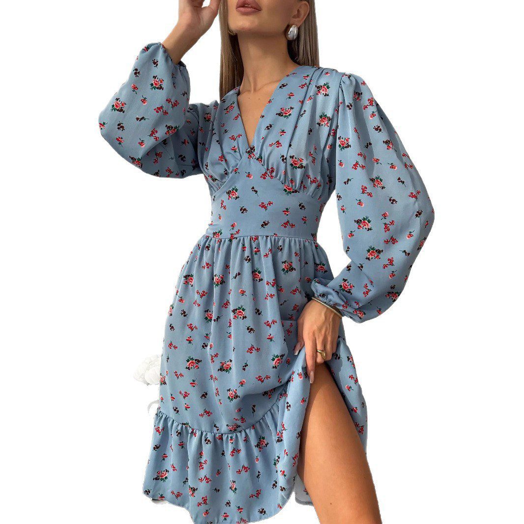 Printed Crimp V-neck Long Dress Women