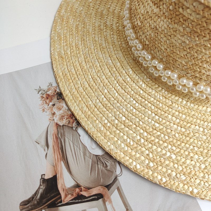 Women's Detachable Pearl Chain Flat Top Straw Hat