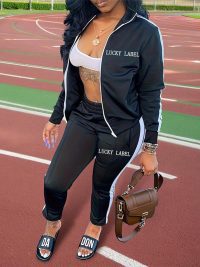 Women's Letter Embroidery Zip-Up Track Suit Set With Side Stripes