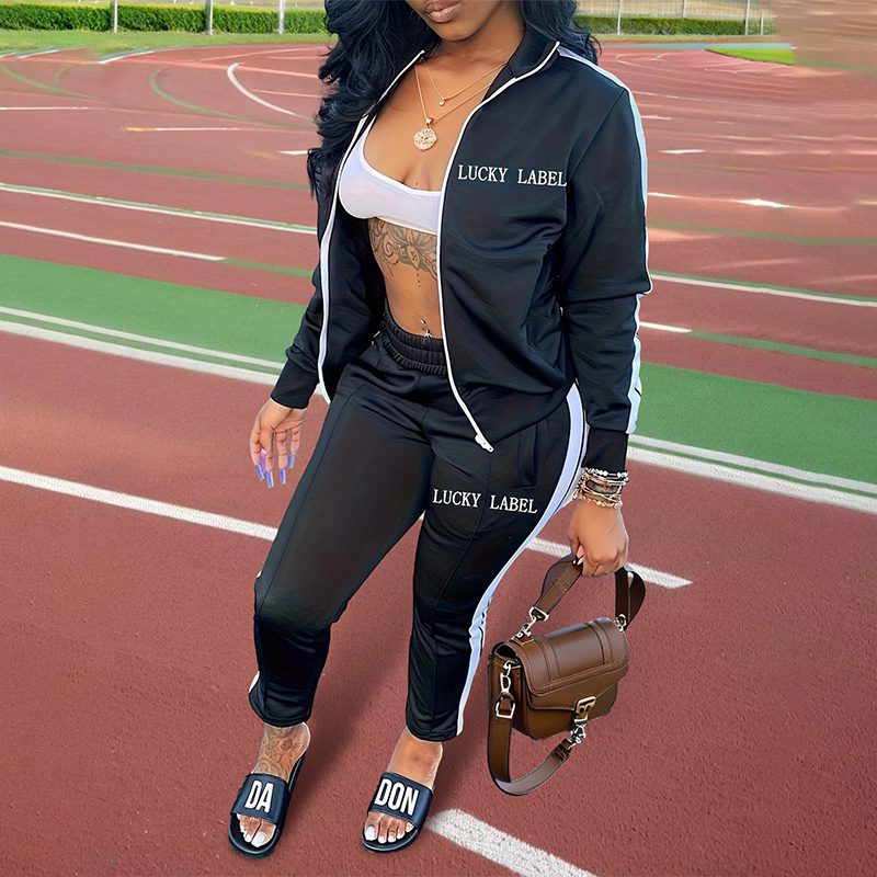 Buy Women's Clothing Online | Buy Trending Dresses for Women Women's Letter Embroidery Zip-Up Track Suit Set With Side Stripes