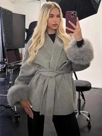 Fur V-neck Lace-up French Woolen Coat