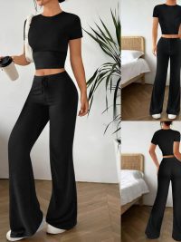 High Waist Pure Color Trousers Short Sleeve T-shirt Suit