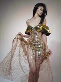 Gold Strapless Sequined Split Dress Women Tube Top Tulle